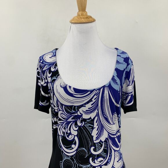 Boston Proper Feather Scroll Sheath Dress Women 10 Black Blue Scoop Neck Stretch - Picture 4 of 12